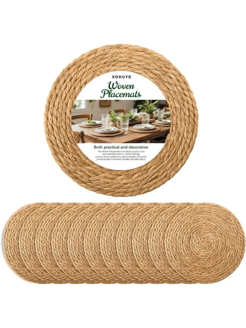 Set of 12 Round Woven Placemats, Boho Rustic Jute Chargers for Dining Table